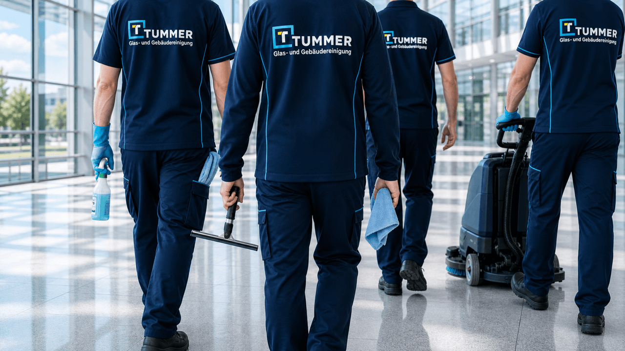 Team der Tummer GmbH auf dem Weg zum Reinigungseinsatz in einem modernen Gebäude