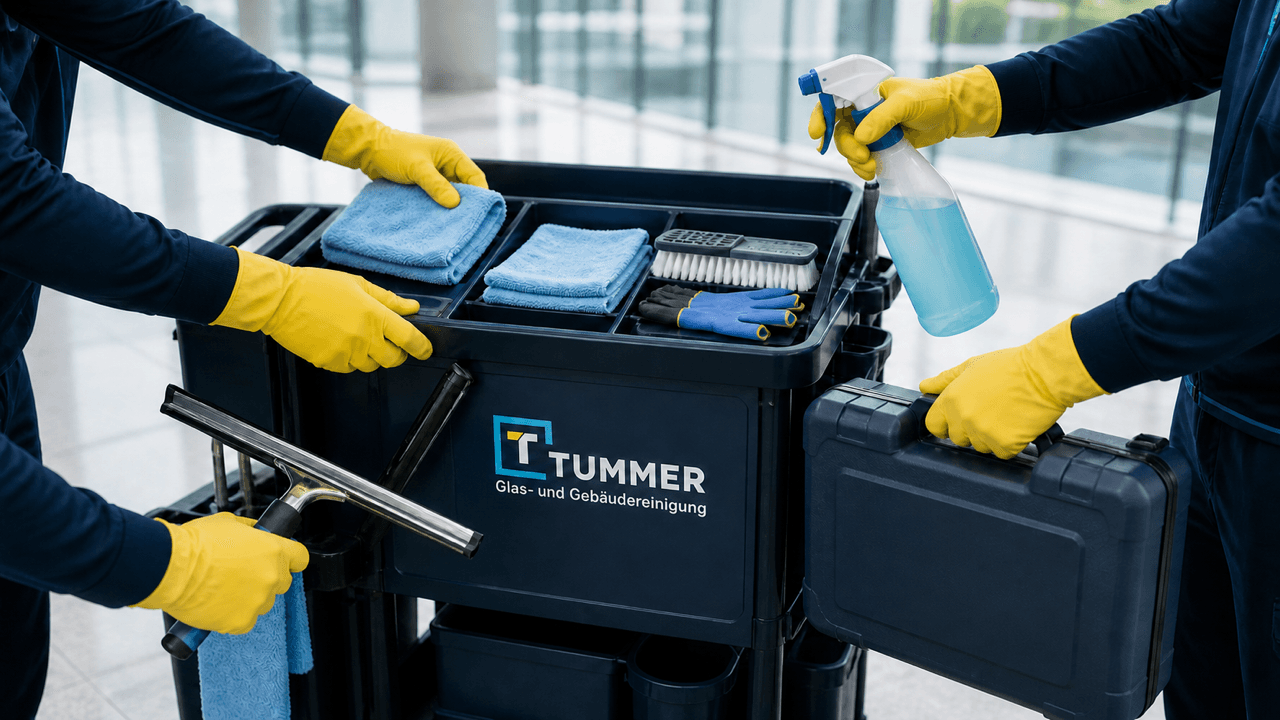 Mitarbeitende der Tummer GmbH mit Reinigungsgeräten und Arbeitsmaterialien