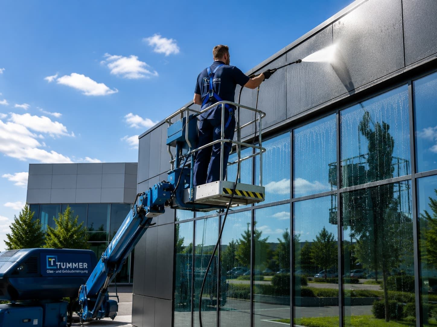 Mitarbeiter der Tummer GmbH bei der Fassadenreinigung von einer Arbeitsbühne