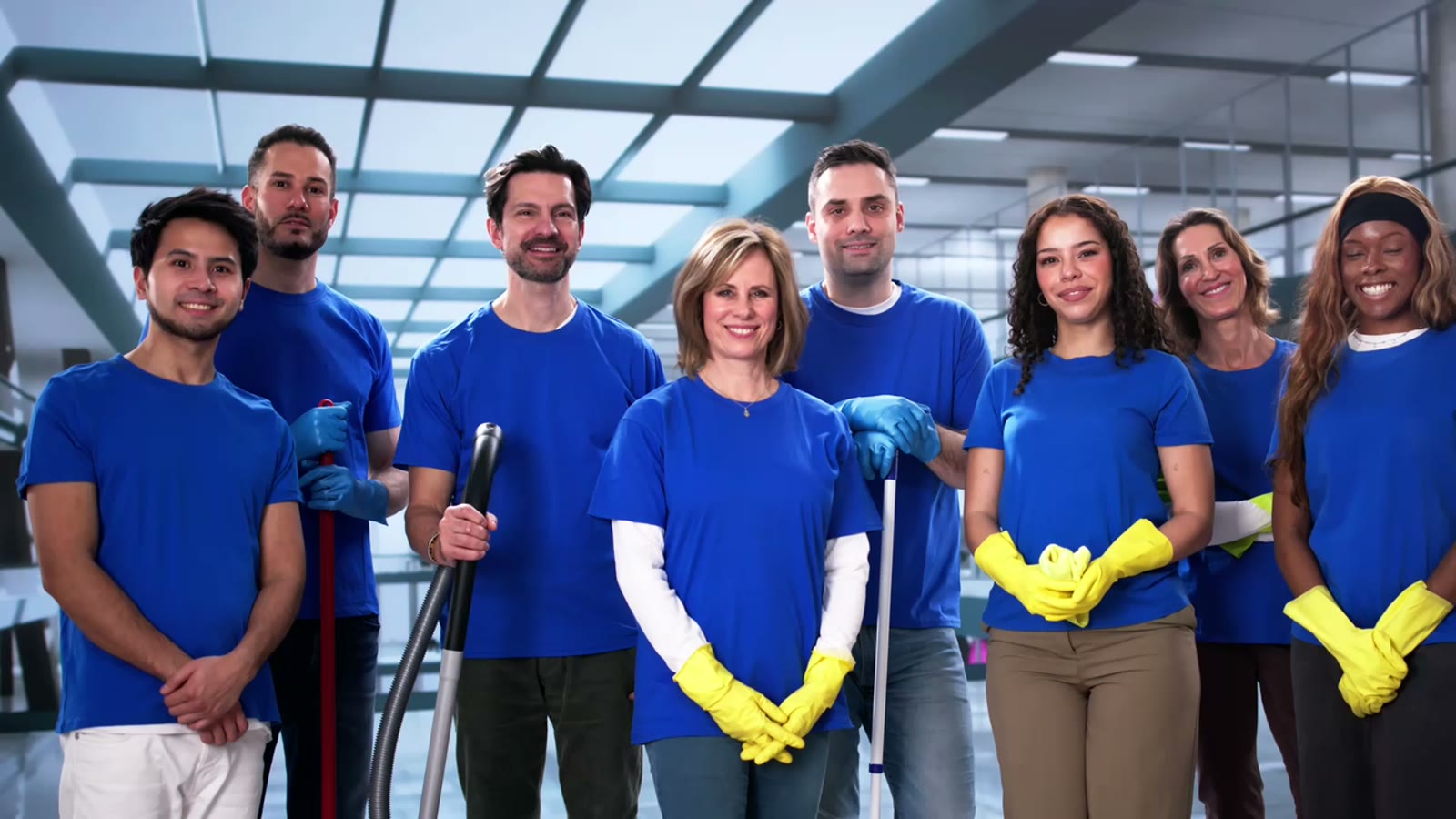 Team der Gebäudereinigung in Arbeitskleidung vor Glasfassade