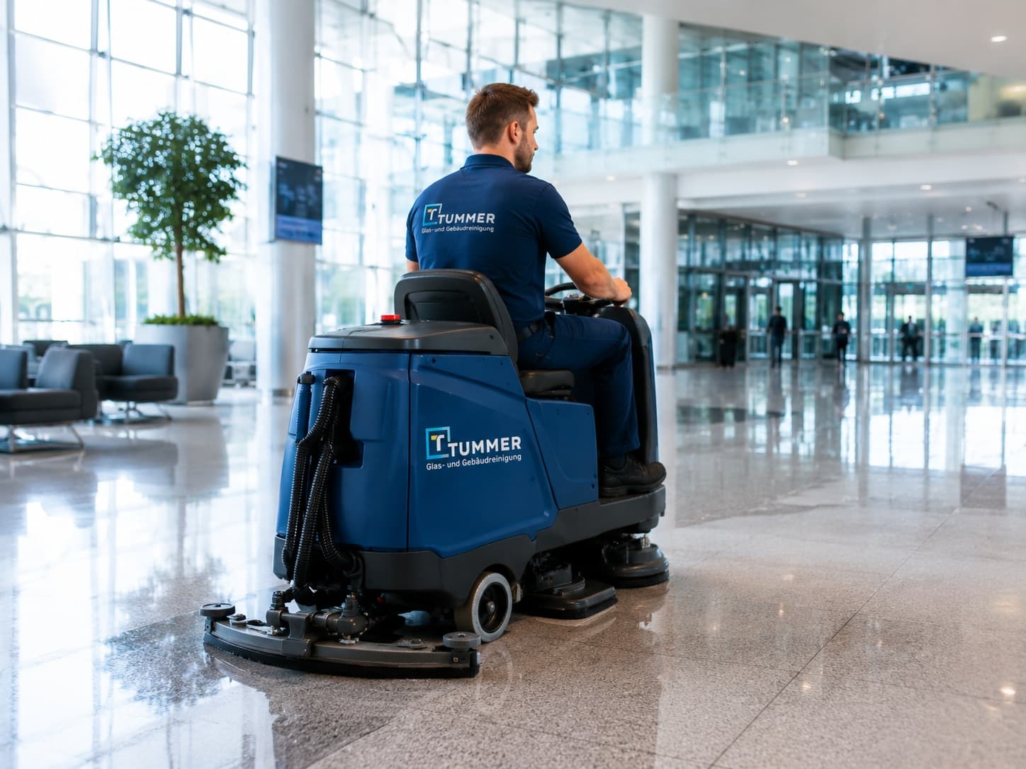Mitarbeiter der Tummer GmbH bei der maschinellen Reinigung einer großen Bodenfläche mit einer Aufsitzmaschine