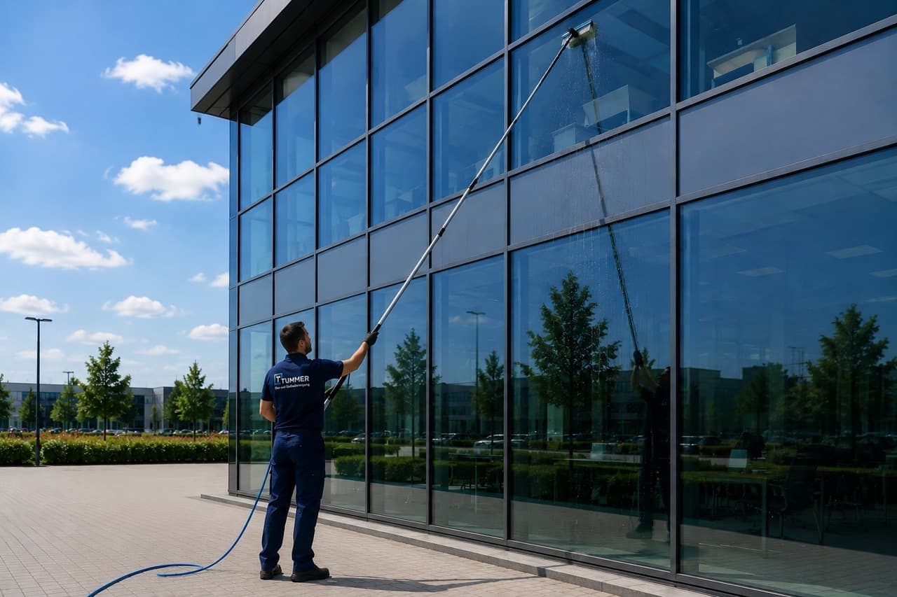 Mitarbeiter der Tummer GmbH bei der Glasreinigung mit Reinstwasseranlage und Teleskopstange