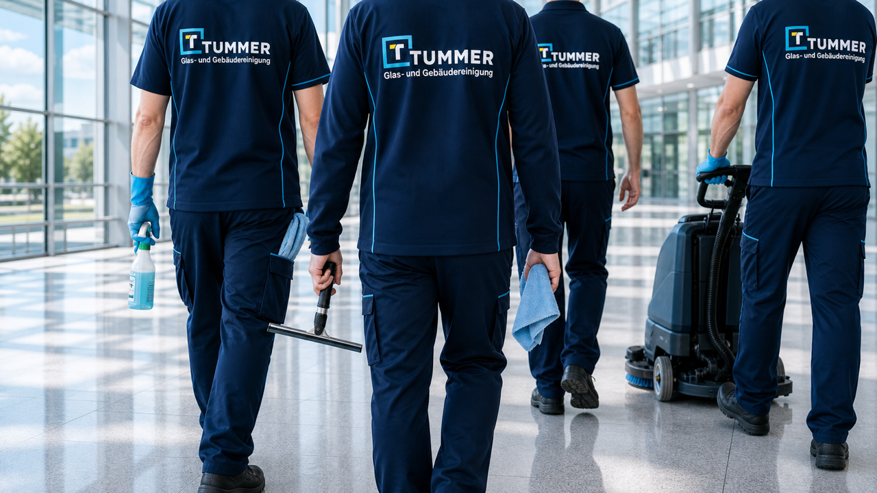 Team der Tummer GmbH auf dem Weg zum Reinigungseinsatz in einem modernen Gebäude